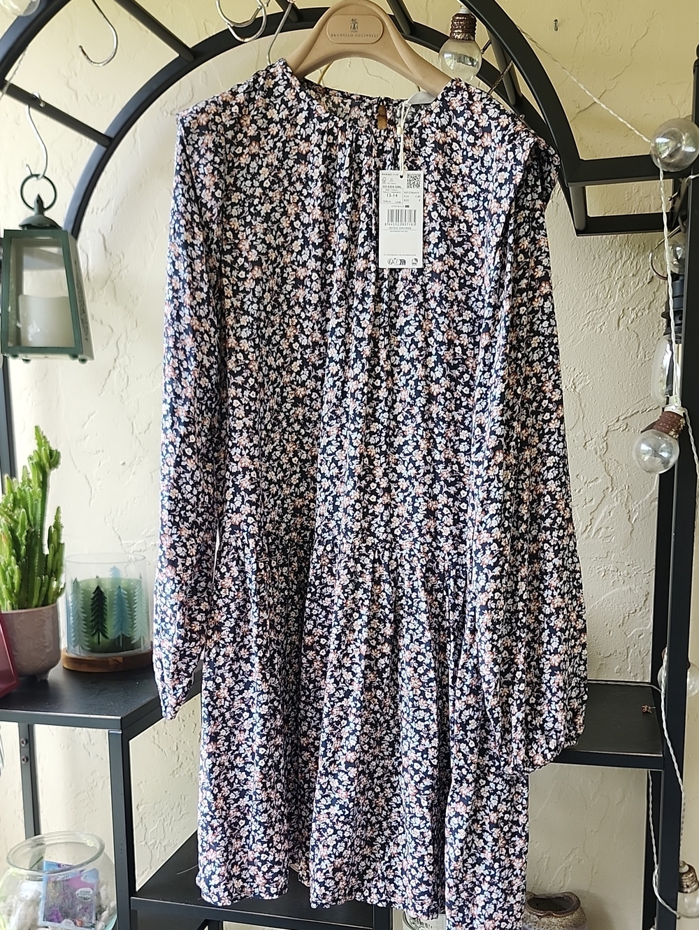 Mango kids floral Long Sleeve Tiered Dress - Navy Pink & White Flowers 13-14 yrs